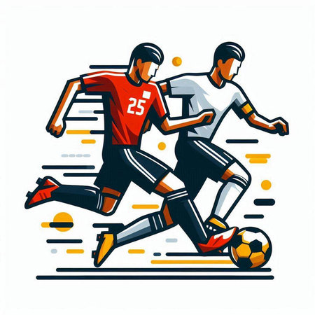 Soccer players running with ball, isolated on white background. Vector illustration.のイラスト素材
