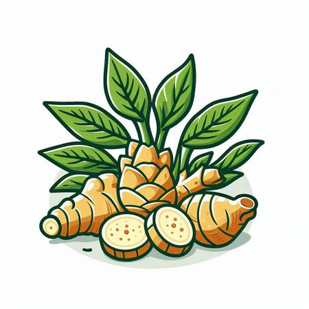 Fresh ginger root with leaves on a white background. Vector illustration.のイラスト素材