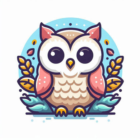 Cute cartoon owl with a wreath of leaves. Vector illustration.のイラスト素材