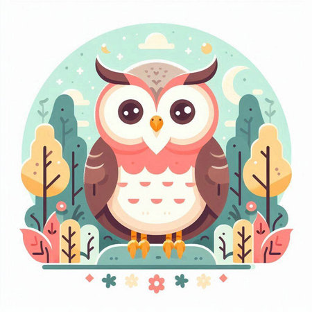 Cute owl in the forest. Vector illustration in flat style.のイラスト素材