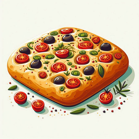 Illustration of pizza with olives, tomatoes and herbs on a white backgroundのイラスト素材