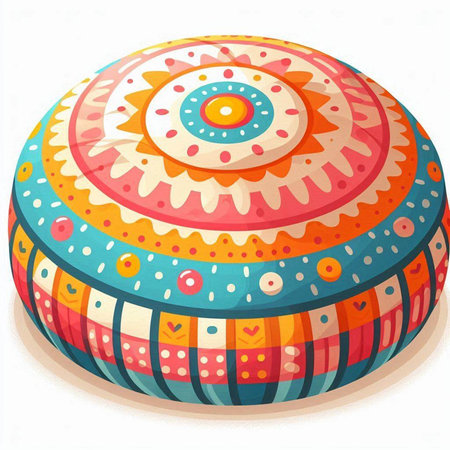 Illustration of a colorful round box with a pattern on a white backgroundのイラスト素材
