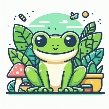 Cute cartoon frog sitting on the ground surrounded by plants. Vector illustration.のイラスト素材