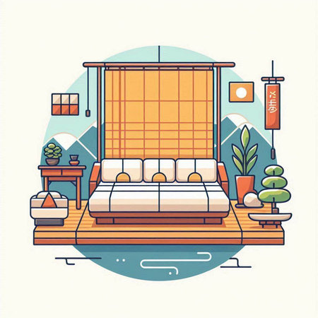 Interior of a bedroom with a double bed. Vector illustration.のイラスト素材