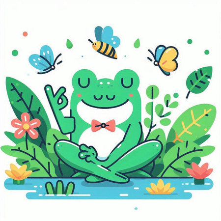 Frog sitting on the grass with flowers and butterflies. Vector illustration.のイラスト素材