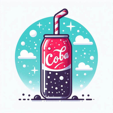 Illustration of a bottle of cola with a straw on a background of snowflakesのイラスト素材