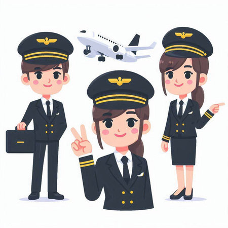 Airplane pilot character vector illustration. Cartoon pilot and stewardess characters.のイラスト素材