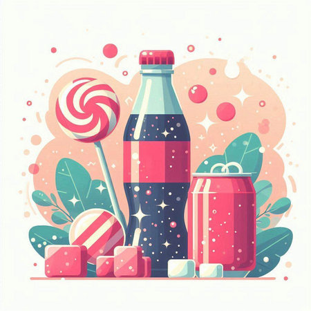Vector illustration of a bottle of cola, lollipops and candy.のイラスト素材