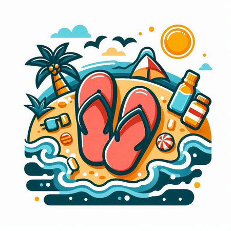 Flip flops on the beach. Vector illustration in doodle styleのイラスト素材