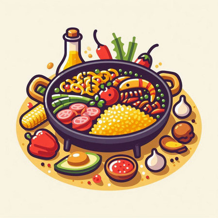 Illustration of a hot pot with different kinds of food. Vector illustration.のイラスト素材