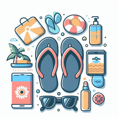 Flip flops, mobile phone, sunglasses and beach accessories. Colorful vector illustration.のイラスト素材