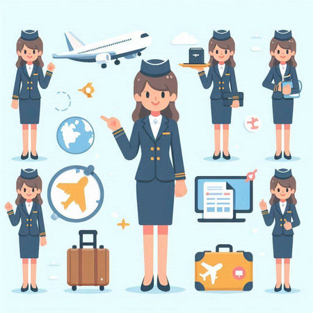 Illustration of a set of female flight attendant in different situations.のイラスト素材
