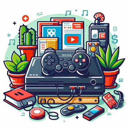 Videogame, video game console, joystick, joystick, gamepad and other equipment. Colorful vector illustration in cartoon styleのイラスト素材