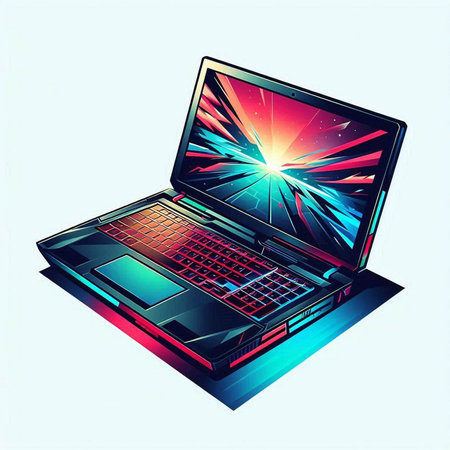 Laptop with rays of light on the screen. Vector illustration.のイラスト素材