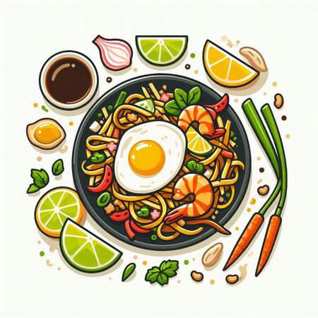 Noodles with fried egg, shrimp and vegetables. Vector illustration.のイラスト素材