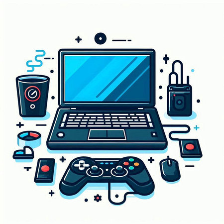 Laptop and gaming equipment. Vector illustration in line art style.のイラスト素材