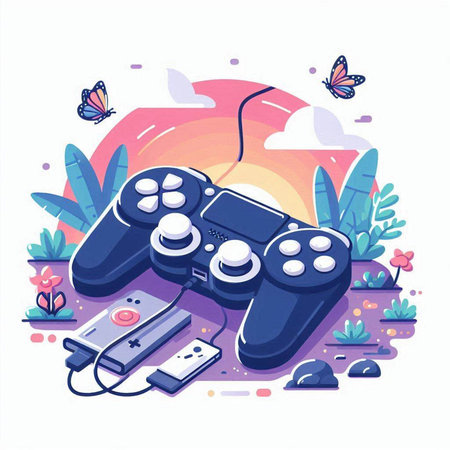 Gamepad and smartphone in the park. Flat style vector illustration.のイラスト素材