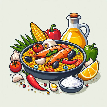 Illustration of a bowl of paella with vegetables and olive oilのイラスト素材