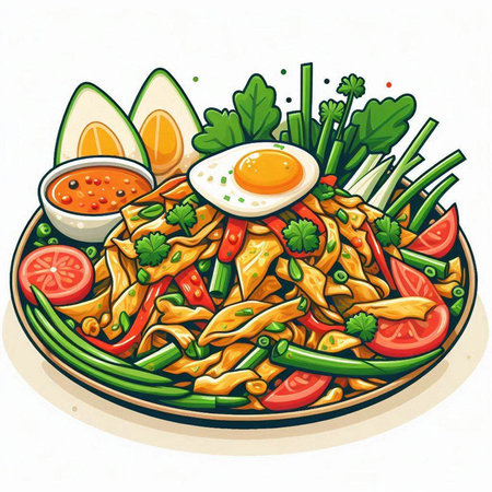 Illustration of a plate of spicy noodle with fried egg and vegetablesのイラスト素材