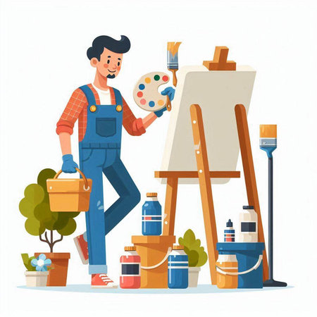 Painter at work vector illustration. Cartoon man painter with paintbrush and palette, artist painting picture on easel flat style design isolated on white backgroundのイラスト素材
