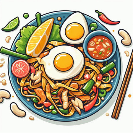 Illustration of a bowl of noodle with fried egg and vegetablesのイラスト素材