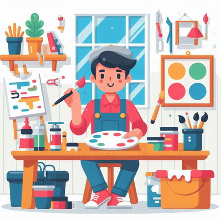 Painter at work in his studio. Vector illustration in cartoon styleのイラスト素材