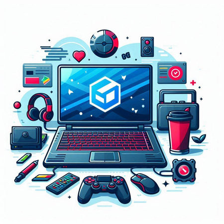 Vector illustration of a laptop, gamepad, mobile phone, headphones, coffee cup, gamepad, virtual reality glasses, keyboard, mouse, joystick. Flat line art style design.のイラスト素材