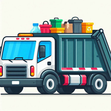 Garbage truck with garbage container. Vector illustration in cartoon style.のイラスト素材