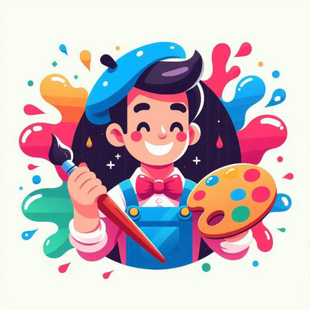 Cute cartoon boy with paint palette and brush. Vector illustration.のイラスト素材