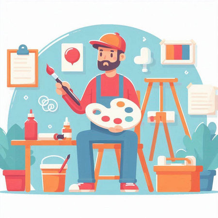 Painter with palette and brush in his hands. Vector illustration.のイラスト素材