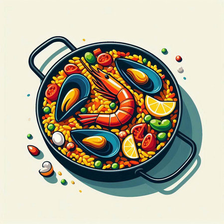 Seafood paella in a frying pan. Vector illustration.のイラスト素材