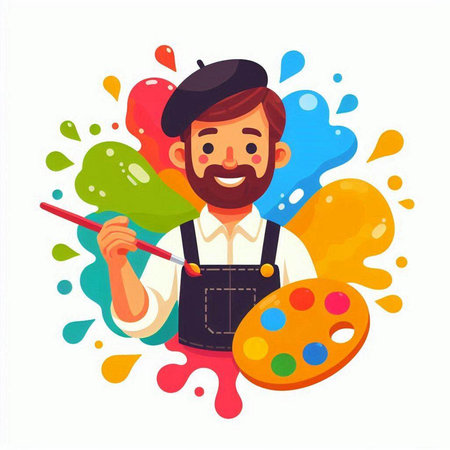 Artist man painter with brush and palette. Vector illustration in cartoon styleのイラスト素材