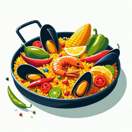 Illustration of paella in a frying pan with seafood and vegetablesのイラスト素材