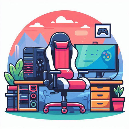 Home office workspace with computer, chair and gamepad. Vector illustrationのイラスト素材