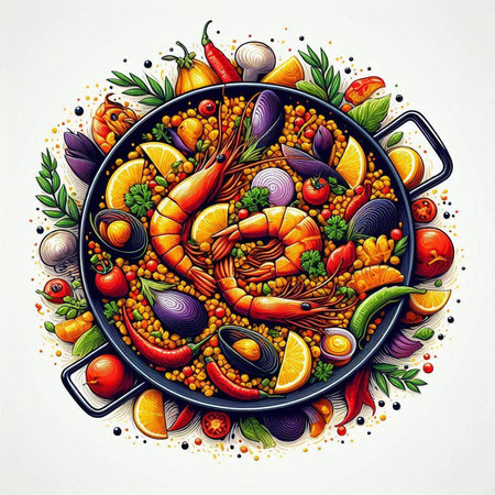 Hand drawn vector illustration of paella with shrimps, mussels, squid, peppers, onions and spices. Colorful artistic backgroundのイラスト素材