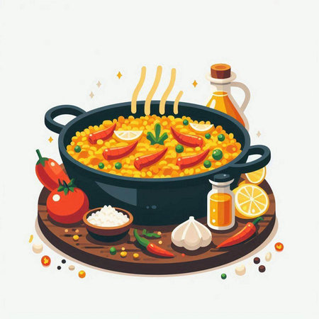 Illustration of a paella in a frying pan with ingredients.のイラスト素材