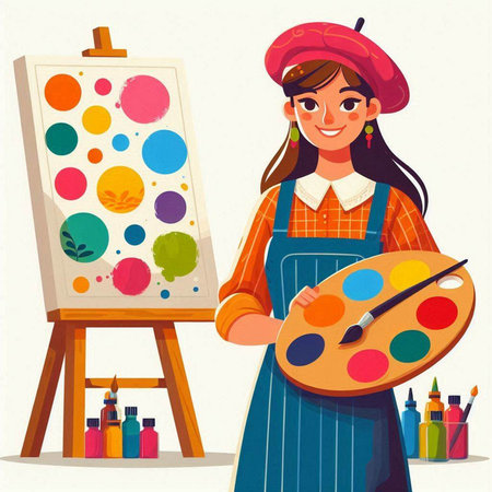 Artist woman holding palette and paint brush. Girl in apron and beret. Vector illustrationのイラスト素材