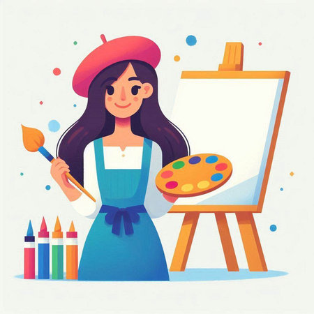 Girl artist painting on easel. Vector illustration in cartoon style.のイラスト素材