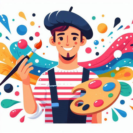 Artist with palette, brush and paints. Vector illustration in cartoon styleのイラスト素材