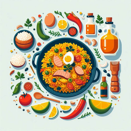 Vector illustration of paella in a frying pan with ingredients for cookingのイラスト素材