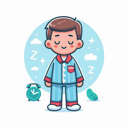 Cute boy cartoon character in pajamas with alarm clock vector illustrationのイラスト素材