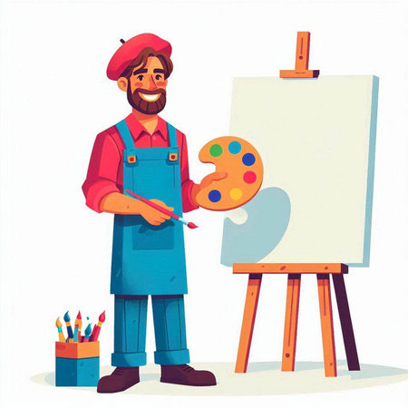 Painter with palette and easel. Vector illustration in cartoon styleのイラスト素材