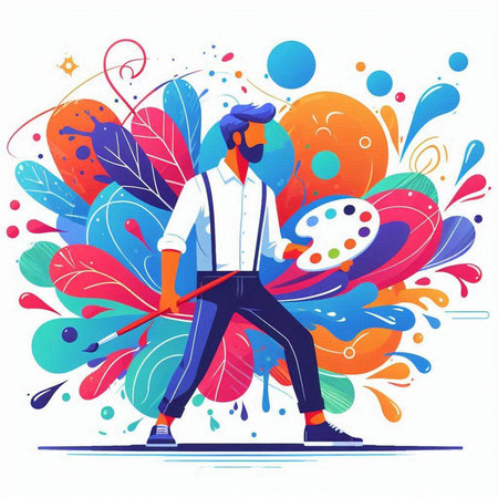 Artist with palette and brush in his hand. Flat vector illustration.のイラスト素材