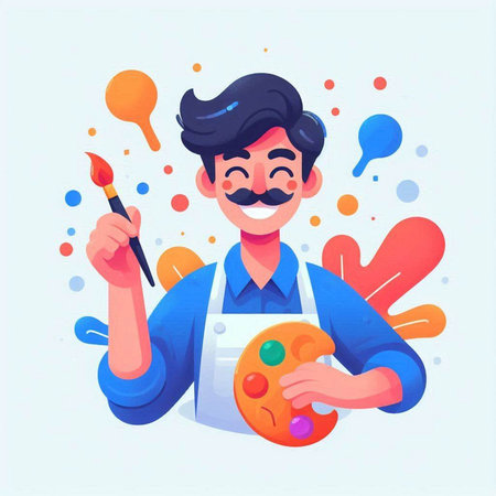Artist man with palette and brush. Vector illustration in cartoon style.のイラスト素材