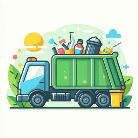 Garbage truck with garbage bags. Garbage sorting. Vector illustration.のイラスト素材