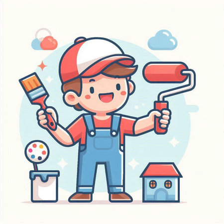 Cute little boy painting house with paint roller. Colorful flat vector illustration.のイラスト素材