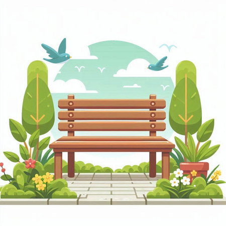 Wooden bench in the garden. Vector illustration in flat style.のイラスト素材