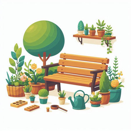 Wooden bench with garden tools. Vector illustration in cartoon style.のイラスト素材