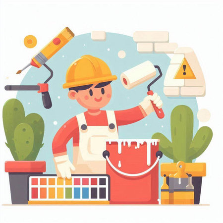 Painter at work flat vector illustration. Cartoon character with tools and equipment.のイラスト素材
