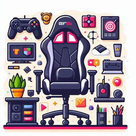 Futuristic office chair with gamepad, gamepad, video game console and other elements. Vector illustrationのイラスト素材